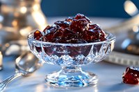 Sweet candied cherries in crystal glass bowl with bokeh lights background, close up view of traditional holiday dessert garnish on elegant table setting.