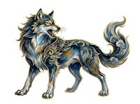 Ornate wolf with flowing mane and decorative gold and blue swirling patterns, isolated on white background, ready for design projects and merchandise applications.