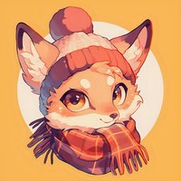 Cute fox character wearing winter knit hat and plaid scarf against orange background, cartoon style illustration with warm color palette and expressive eyes.