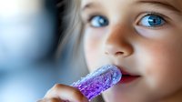 Young girl with bright blue eyes eating purple rock candy crystal, close-up portrait with soft dreamy lighting and shallow depth of field.