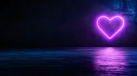 Glowing neon heart shape floating over calm water surface at night with purple and blue reflections creating romantic atmospheric scene.