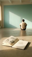 Man sitting on floor in minimalist room with open sketchbook featuring figure drawings and motivational text, natural light from window, creative workspace for artists and designers.
