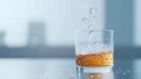 Whiskey glass with splashing liquid and rising bubbles against blurred city skyline background, dramatic lighting creates moody atmosphere for beverage photography.