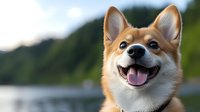 Happy Shiba Inu dog with tongue out smiling outdoors in natural mountain landscape setting during golden hour light for pet care and animal lifestyle content.