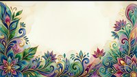 Ornamental floral border with colorful blooms and swirling leaves on cream background, suitable for invitations, cards, and decorative design projects.