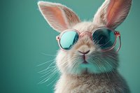 Stylish white rabbit wearing trendy pink sunglasses with blue lenses against turquoise background, close-up portrait showing fluffy fur and long ears.