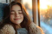 Young Asian woman with closed eyes and gentle smile wearing cozy winter sweater and fur coat, enjoying peaceful moment at sunset window. Natural warm lighting.