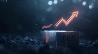 Glowing neon arrow rises from mysterious box against dark background with bokeh lights and particles, symbolizing growth, breakthrough and success in business.