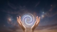 Hands holding glowing spiral energy portal against dramatic twilight sky with mystical light effects for spiritual and metaphysical concepts.