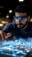 Middle Eastern man wearing augmented reality glasses interacts with holographic city projection displaying futuristic blue wireframe architecture and urban planning visualization.