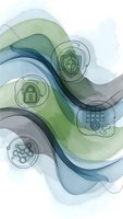 Abstract cybersecurity concept with flowing waves and digital protection icons including shield, lock and network symbols on watercolor background.