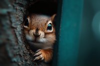 Curious red squirrel peeking through tree hollow with bright blue eyes against teal background, close-up wildlife portrait showing playful expression.