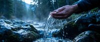 Person cupping hands to collect fresh mountain spring water flowing over mossy rocks in pristine forest environment for drinking and refreshment.