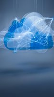 Digital cloud computing network with glowing connections and data streams floating above blue gradient background for technology presentations.