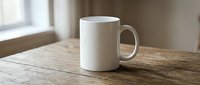 White ceramic mug mockup on rustic wooden table near window, blank surface ready for custom print design, branding, or logo presentation.