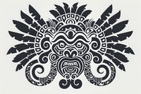 Ancient Aztec warrior mask with feathered headdress in black silhouette style. Decorative tribal ornament with ceremonial face design and curved patterns on textured background.