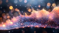 Magical glowing abstract background with sparkles and bokeh lights in pink and orange colors against dark blue backdrop creating dreamy atmosphere.