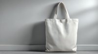 White cotton tote bag standing against gray wall with natural shadow, blank canvas for eco-friendly shopping or custom design mockup.