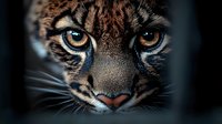 Close-up portrait of young leopard cub with intense amber eyes and detailed spotted fur pattern. Wildlife photography showcasing natural beauty and predator features.