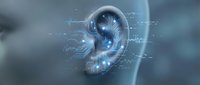 Digital ear with glowing neural circuits and data streams representing artificial intelligence hearing technology and sound processing innovation.
