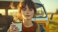 Young Caucasian woman with bangs holding coffee cup at sunset, steam rising, yellow retro van in background, warm autumn tones, casual outdoor lifestyle portrait.