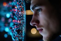 Young Caucasian male programmer analyzing colorful data visualization on computer screen in dark office environment for technology projects.