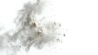 Dust and powder particles dispersing and exploding in air against white background, creating dynamic cloud effect for design and motion graphics projects.