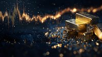 Glowing gold bars with financial chart and sparkles on dark background, luxury investment concept for wealth management and precious metals trading.