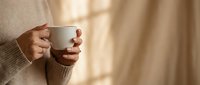 Woman hands holding white ceramic mug in cozy beige knit sweater with warm natural lighting creating peaceful morning atmosphere for relaxation and comfort.