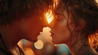 Young couple sharing intimate moment in warm golden light with romantic bokeh background creating dreamy atmosphere for love and relationship concepts.