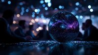 Crystal ball with cosmic galaxy universe stars inside sphere on dark surface with bokeh lights background for fortune telling mystical predictions.