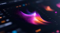 Vibrant sound wave visualization in purple and orange gradient colors on dark background, dynamic audio spectrum display with glowing particles for music production.