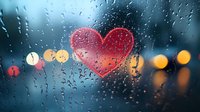 Red heart shape drawn on rainy window glass with blurred city lights in background creating romantic atmosphere during evening downpour.