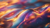Vibrant abstract liquid waves with glowing orange, blue and purple colors creating dynamic fluid motion effect against dark background with sparkling particles.