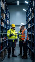 Two warehouse workers in safety gear discussing logistics between storage shelves in industrial facility for supply chain management operations.
