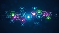 Digital healthcare technology network with medical icons in hexagonal pattern on dark blue background for telemedicine and health innovation concepts.