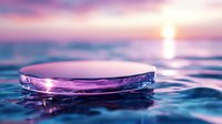 Crystal clear glass platform floating on tranquil water surface with dreamy sunset sky reflection creating magical product display stage for cosmetics branding.