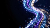 Flowing digital particle stream with glowing blue and purple light trails creating dynamic wave motion against dark background for technology designs.