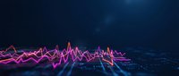 Neon pink and blue waveform visualization with digital circuit board elements, representing data analysis, sound waves, or financial market trends for technology and business applications.