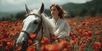 Young woman with flowing hair in white dress standing with white horse in vibrant red poppy field against mountain landscape backdrop.