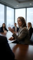 Mature Caucasian businesswoman leading corporate meeting in modern conference room with diverse team of professionals discussing strategy.