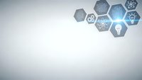Modern hexagonal technology icons with glowing light bulb on clean gradient background for business innovation and digital transformation concepts.