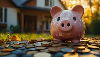 Pink ceramic piggy bank surrounded by scattered coins on wooden surface against blurred autumn background with golden bokeh lights and house facade.