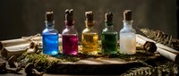 Five colorful glass bottles with cork stoppers containing magical potions in blue, pink, yellow, green and clear liquids arranged on rustic wooden surface with ferns.