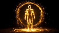 Glowing golden silhouette of human figure standing in luminous energy circle against dark background, sparks and light trails creating magical portal effect.