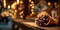 Aromatic coffee beans in paper cone with rising steam against blurred golden bokeh lights creating cozy cafe atmosphere.