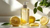 Clear pump bottle with yellow liquid soap, fresh lemon slices and green leaves on white surface in natural sunlight, creating luxurious spa atmosphere for beauty and wellness products.
