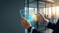 Businessman hands holding transparent tablet displaying financial data charts and graphs in modern office environment for business analytics presentations.