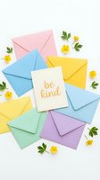 Colorful pastel envelopes arranged with yellow flowers, green leaves, and a be kind greeting card on white background, flat lay.