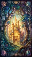 Enchanted castle through magical tree portal with ornate Celtic border frame for fantasy storytelling and fairy tale designs.